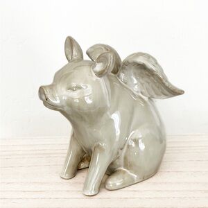 Adorable 6” Glazed Ceramic Pig With Wings Statue Flying Pig Figurine Home Accent